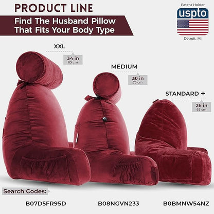 Husband Pillow Medium Maroon, Backrest for Kids, Teens, Petite Adults - Reading Pillows with Arms, Adjustable Loft, Plush Memory Foam, Bed Rest Chair for Sitting Up, Detach Neck Roll, Removable Cover