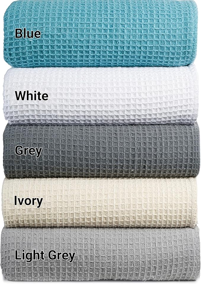 Tex Trend Waffle Blankets – 100% Cotton Blankets Queen Size – Breathable and Soft for Christmas – Suitable for Bed Layering, Sofa and Couch - Blue (90”x90”)
