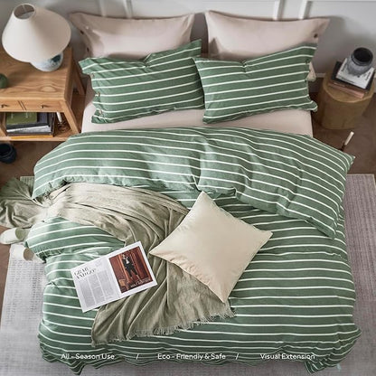 JELLYMONI Cotton Duvet Cover Super Queen Size - Green Striped Comforter Cover with Button 100% Washed Cotton 3PCS Breathable Soft Solid Bedding Set Duvet Cover 98×90in & 2 Pillowcases