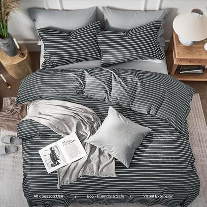 JELLYMONI Cotton Duvet Cover Twin Size - Gray Pinstriped Comforter Cover with Button 100% Washed Cotton 2PCS Breathable Soft Solid Bedding Set Duvet Cover 68×90in & 1 Pillowcase (NO Comforter)
