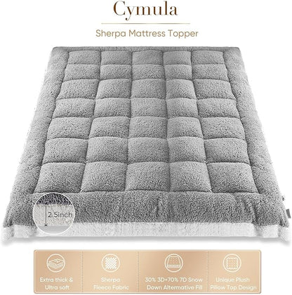 Cymula Twin XL Mattress Topper, Sherpa Mattress Pad for College Dorm Bed 2inch Extra Thick Mattress Cover with 900GSM Down Alternative Soft Pillow Top, Grey