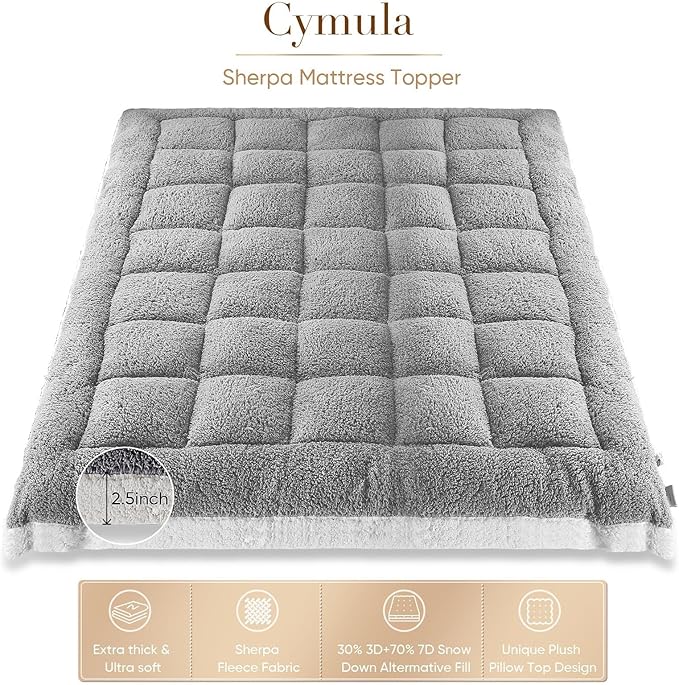 Cymula Pillow Top Mattress Topper King Sherpa Mattress Pad for Back Pain Extra Thick Mattress Pillow Top with 8-21" Deep Pockets Mattress Cover for King Size Bed, Grey
