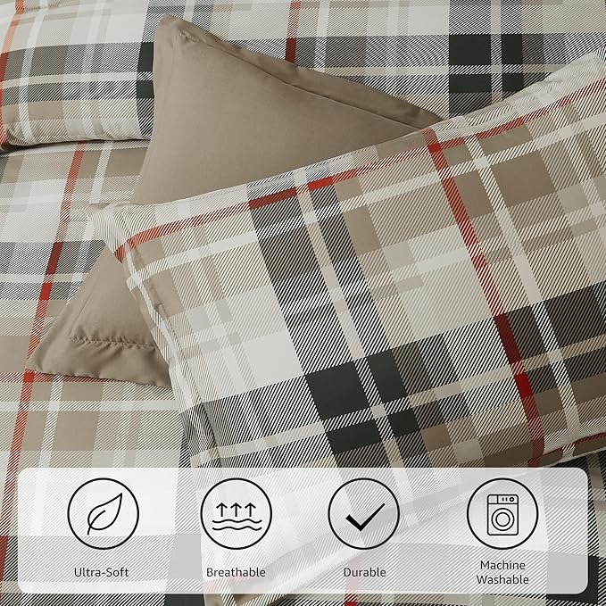 MaiRêve Plaid Queen Comforter Sets Khaki, Classic Farmhouse Bedding Set Bed in A Bag 7 Pieces, Lightweight All Season Comforter Set with Fitted & Flat Sheet, Pillowcases & Shams