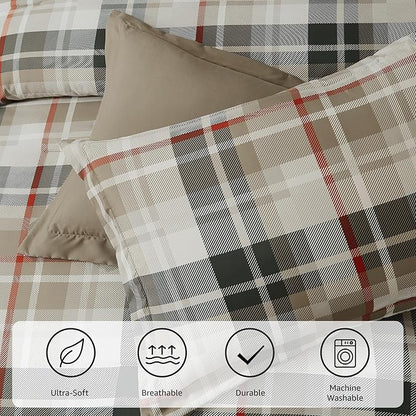 MaiRêve Plaid Queen Comforter Sets Khaki, Classic Farmhouse Bedding Set Bed in A Bag 7 Pieces, Lightweight All Season Comforter Set with Fitted & Flat Sheet, Pillowcases & Shams