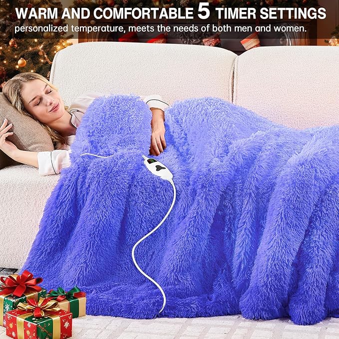 Heated Electric Blanket Throw–Faux Fur with Soft Thick Sherpa,Warm Winter Birthday Gifts for Women Grandma，10 Heat Settings,5 Time Settings with Fast Heating, 50x60, Glacier Blue