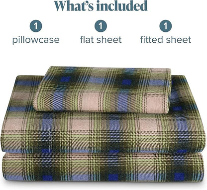 Bare Home Cotton Flannel Sheet Set Prints, 100% Cotton, Velvety Soft Heavyweight - Double Brushed for Softness & Comfort - Deep Pocket - Bed Sheets (Twin, Voyageur Plaid - Green)