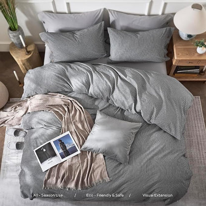 JELLYMONI Cotton Duvet Cover Full Size - Black Vertical Pinstriped Comforter Cover with Button 100% Washed Cotton 3PCS Breathable Soft Solid Bedding Set Duvet Cover 80×90in & 2 Pillowcases