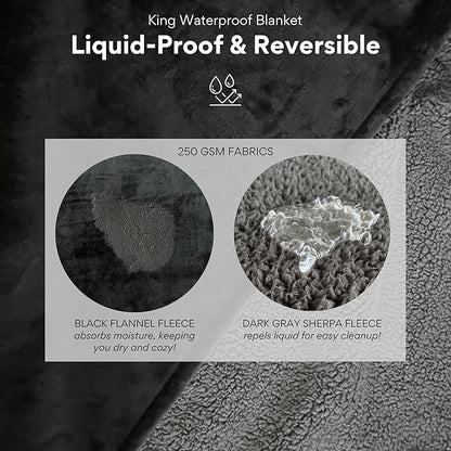 Waterproof Blanket King Size, Black & Gray 82x82"- Water Proof and Stain Resistant Blankets for Couples Bed Intimacy, Fleece Moisture Absorbent, Layered Sheet Protector, Leakproof Protective Top Cover