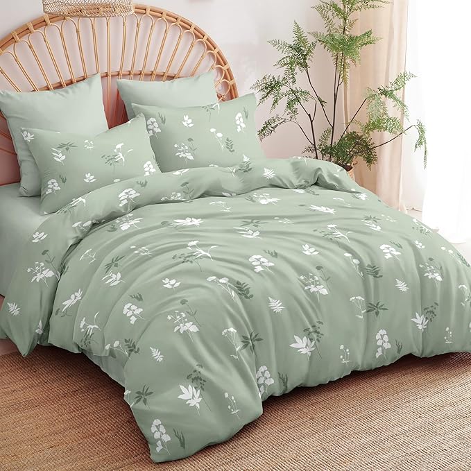 Floral Duvet Cover Queen Size Sage Green Botanical Bedding Set with White Flower 3 Pcs Women Men Romantic Floral Silhouette Ultra Soft Reversible Fall Duvet Cover with Zipper Closure