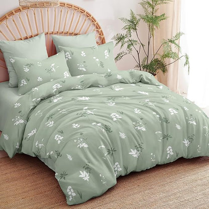 Floral Duvet Cover Queen Size Sage Green Botanical Bedding Set with White Flower 3 Pcs Women Men Romantic Floral Silhouette Ultra Soft Reversible Fall Duvet Cover with Zipper Closure
