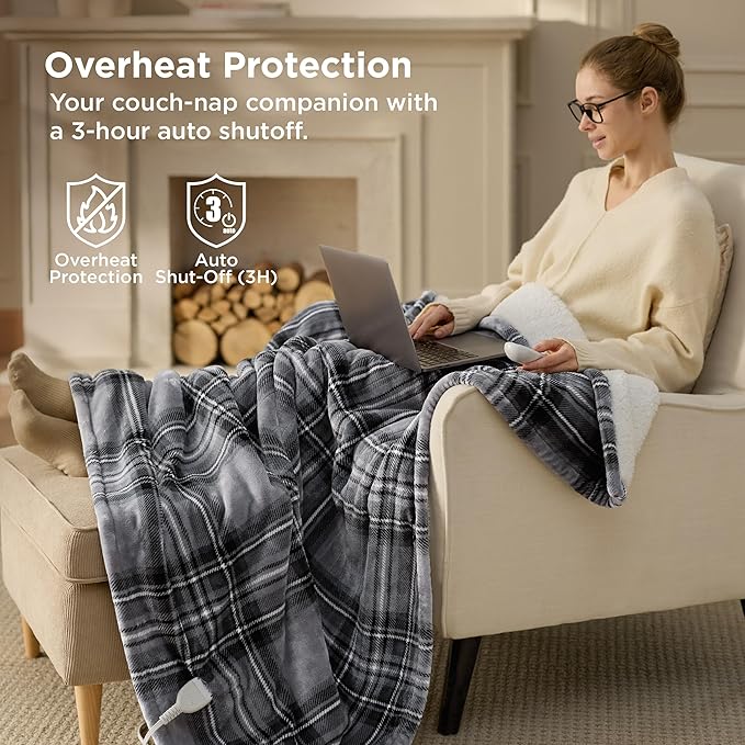 Bedsure Plaid Heated Throw Blanket - Flannel Sherpa Electric Blanket with Plaid Pattern, Heating with 6 Heating Levels, 4 Time Settings, 3-Hour Auto-Off, Warm Gifts for Grandma (Grey, 50"x60")