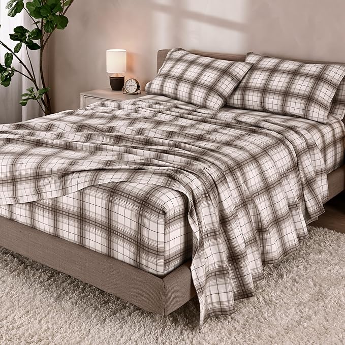 Bare Home Cotton Flannel Sheet Set Prints, 100% Cotton, Velvety Soft Heavyweight - Double Brushed for Softness & Comfort - Deep Pocket - Bed Sheets (Cal King, Chesapeake Plaid - Neutral)