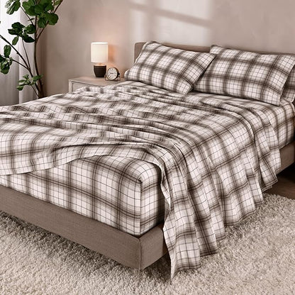 Bare Home Cotton Flannel Sheet Set Prints, 100% Cotton, Velvety Soft Heavyweight - Double Brushed for Softness & Comfort - Deep Pocket - Bed Sheets (Cal King, Chesapeake Plaid - Neutral)