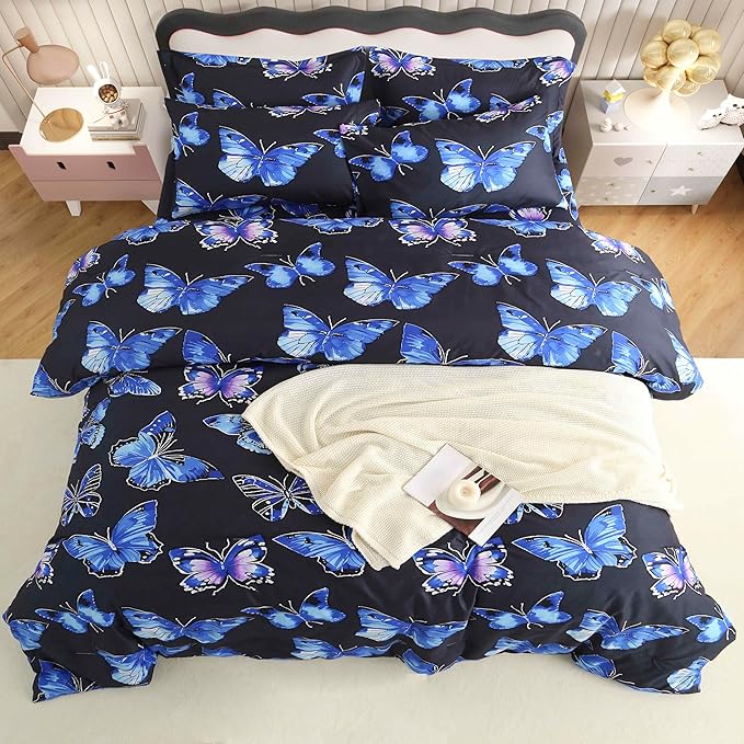 SDY 7PCS Butterfly Bedding Set Queen Butterfly Comforter Set and Bed Sheets Bed in A Bag for Toddler,Girls Boys and Kids, with 1Comforter, 1FlatSheet, 1Fitted Sheet,Pillowcases & Shams