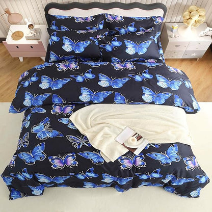 SDY 7PCS Butterfly Bedding Set Queen Butterfly Comforter Set and Bed Sheets Bed in A Bag for Toddler,Girls Boys and Kids, with 1Comforter, 1FlatSheet, 1Fitted Sheet,Pillowcases & Shams