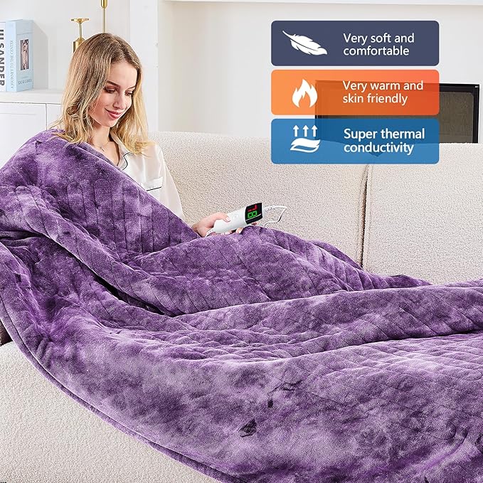 greenoak Heated Electric Blanket Throw, Faux Fur Sherpa Heating Blanket for Sofa Bed, Warm Winter Gifts for Women/Her, Heater Lap Blankets 5-Position Timer &10 Heating Levels 62''*84" Purple