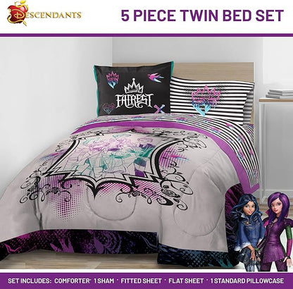 Jay Franco Kids Comforter Set Includes Sheets and Pillow Cover - Soft and Cozy Bed Set for Stylish Room Décor, Multi - Descendants, 5 Piece Twin