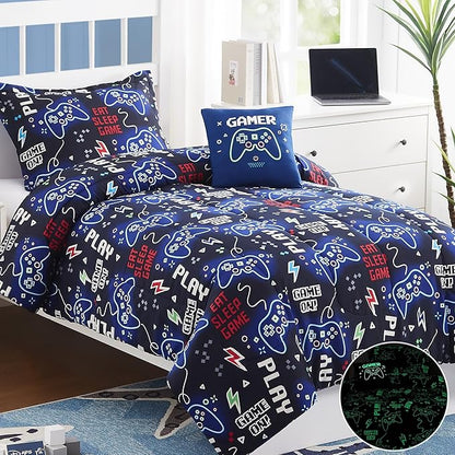 Kids Comforter Set Twin Size for Boys, Glow in The Dark Gamer Bedding Set 1 Comforter, 1 Decor Pillow, 1 Pillow Sham, Twin XL Comforter Set Dorm Bedding