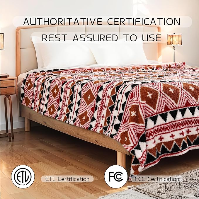 Heated Throw Blanket 50" x 60" Size, Double-Sided Fleece with Temperature Settings & Controller, 3 Hours Auto-Off, Soft Fleece Cozy and Comfortable, Machine Washable,Brown & Red Plaid with Black