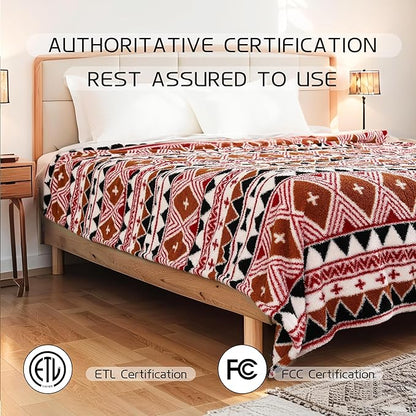 Heated Throw Blanket 50" x 60" Size, Double-Sided Fleece with Temperature Settings & Controller, 3 Hours Auto-Off, Soft Fleece Cozy and Comfortable, Machine Washable,Brown & Red Plaid with Black