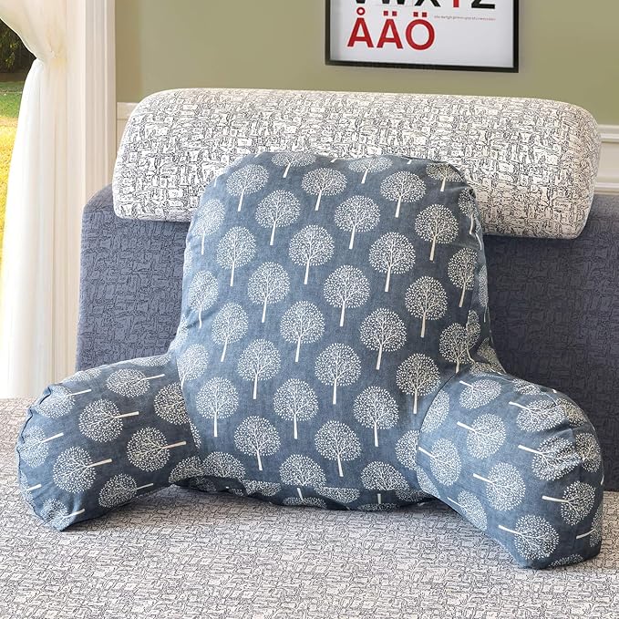 Bohemian Printed Reading Pillow with Support Arms Soft Bed Rest Pillows Back Support Cushion for Kids Reading Watching TV Sitting Up in Bed (20"×15"×8",Grey Tree)