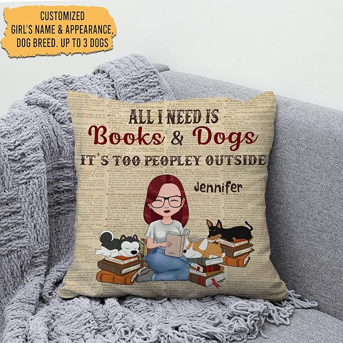 Hyturtle Personalized Book Lover Throw Pillow (Insert Included) Gifts for Girl Women Book Club on Birthday Valentines Day - Books & Dogs Custom Name Sofa Decoration Couch Cushion Home Decor Pillow