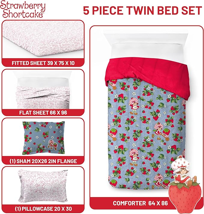 Jay Franco Kids Comforter Set Includes Sheets and Pillow Covers - Soft and Cozy Bed Set for Stylish Room Decor, Blue - Strawberry Shortcake. 5 Piece Twin Size Bedding