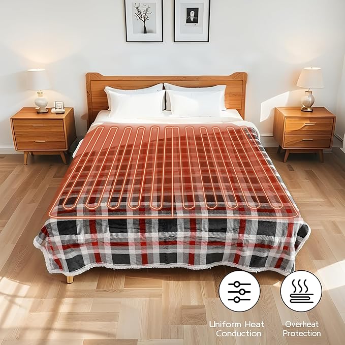 Electric Heated Blanket 72"x84" Full Size, Soft Flannel and Sherpa Double-Sided Material with 4 Heating Levels and 10 Hours Auto-Off, Machine Washable, Cozy Plush Fabric for Home, Black & Red Plaid