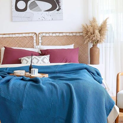 Premium Waffle Blanket Twin Size Blue - Luxury, Pure 100% Turkish Cotton, Light and Airy Waffle Weave All-Season Quilt - Luxury Decorative Bedspread (Indigo Blue, Twin 63" x 91" Inch)
