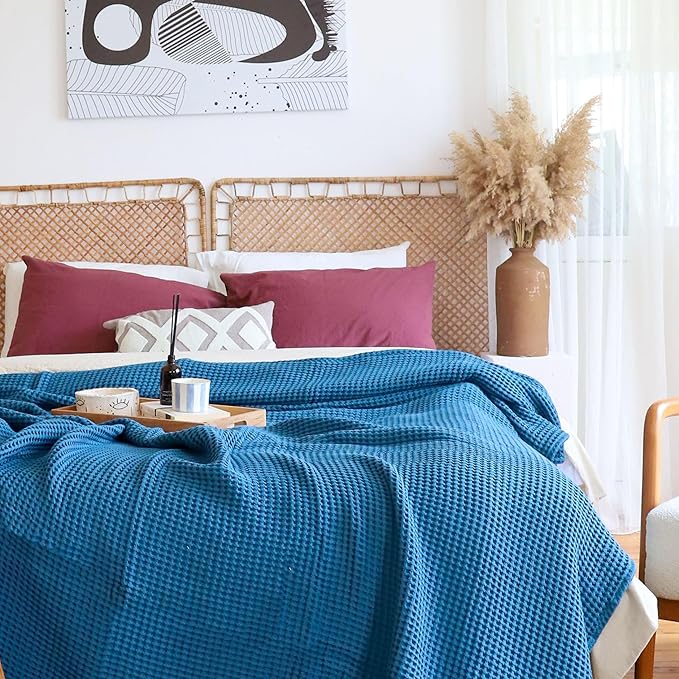 Premium Waffle Blanket Queen XL Size Blue - Luxury, Pure 100% Turkish Cotton, Light & Airy Waffle Weave All-Season Quilt - Decorative Bedspread (Indigo Blue, Queen XL 95" x 102" Inch)