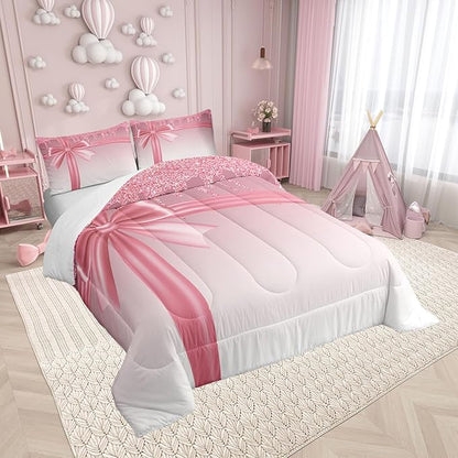 Castle Fairy Pink Bowknot Children Comforter Set,Glitter Diamond Bedding Set for Women Girls,Adults Soft Bling Party Comforter,Kids Luxury Quilted Duvet Bedroom Collection King Size 3Pcs