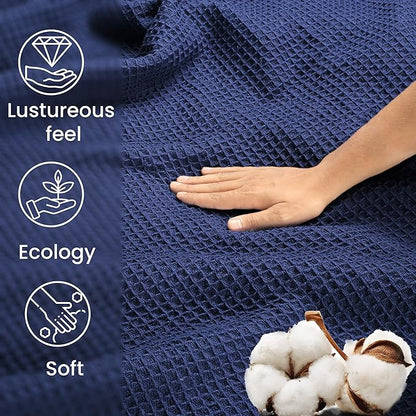 Tex Trend 100% Cotton Blankets King Size – Durable and Versatile Waffle Weave Blankets for Christmas & Year Round Coziness – Breathable & Lightweight - Navy Blue (90”x108”)