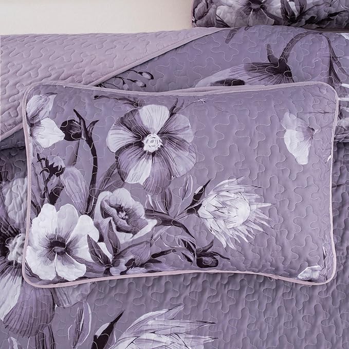 Floral Quilt Set King Size Bedding Set 3 Pieces Dark Purple Boho Floral Quilt Bedspread Soft Microfiber Lightweight Flower Coverlet Set with 2 Pillow Shams for All Season 90"x104"
