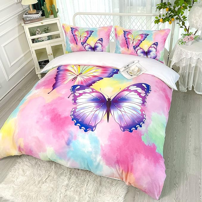 CVHOUSE Butterfly Duvet Cover Set Full Size,Butterfly Bedding Set,Butterflies Printed Comforter Cover Set for Girls Kids Teens,1 Quilt Cover 2 Pillowcases 3 Piece