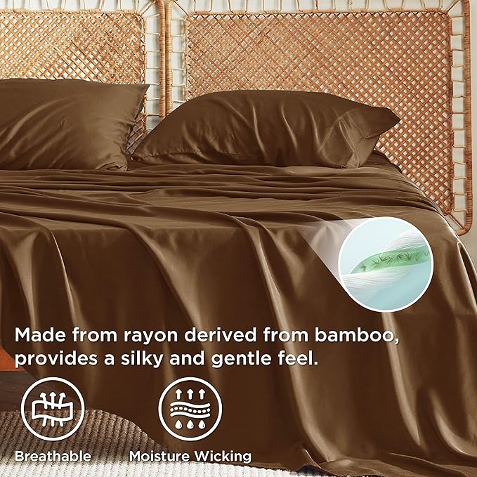 Bedsure Full Size Bed Sheets, Cooling Sheets, Rayon Derived from Bamboo, Breathable & Soft, Deep Pocket Up to 16 Inches, Hotel Luxury Silky Bedding for Hot Sleepers, Brown