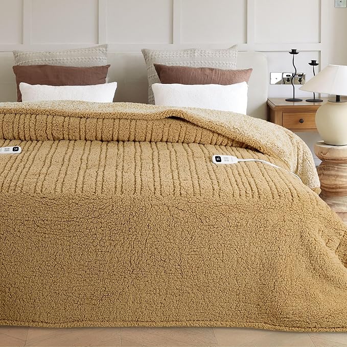 Heated Blanket Electric Blanket Queen - Fast Heating Blanket Throw Dual Controllers Double Sided Sherpa with 10 Heating Levels & 2-10 Hours Auto Off, Mashine Washable, 84 x 90 Inches, Camel