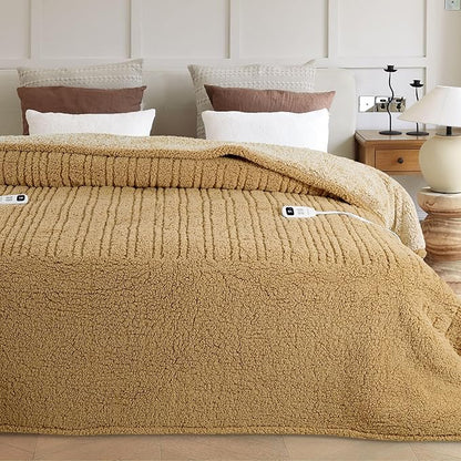 Heated Blanket Electric Blanket Queen - Fast Heating Blanket Throw Dual Controllers Double Sided Sherpa with 10 Heating Levels & 2-10 Hours Auto Off, Mashine Washable, 84 x 90 Inches, Camel
