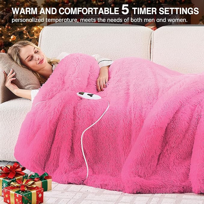 Heated Electric Blanket Throw,Warm Winter Birthday Gifts for Women Her Grandma-Faux Fur with Soft Sherpa,10 Heat Settings,5 Time Settings with Fast Heating, 50x60, Rose Red