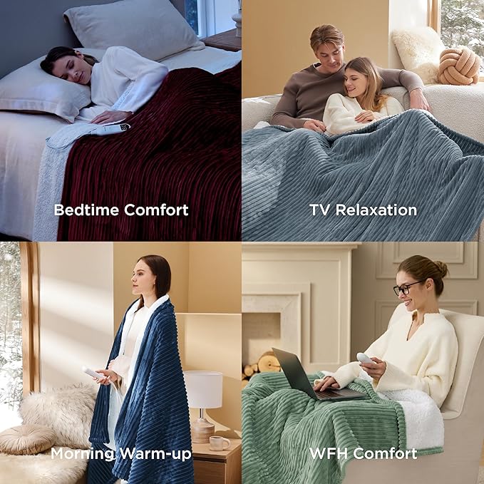 Bedsure GentleSoft Electric Blanket Queen Size - Soft Ribbed Flannel Heated Blanket with Dual Control, Heating with 10 Heat Settings & 10 Time Settings, 8 hrs Timer Auto Shut Off (84x90 inches, Green)