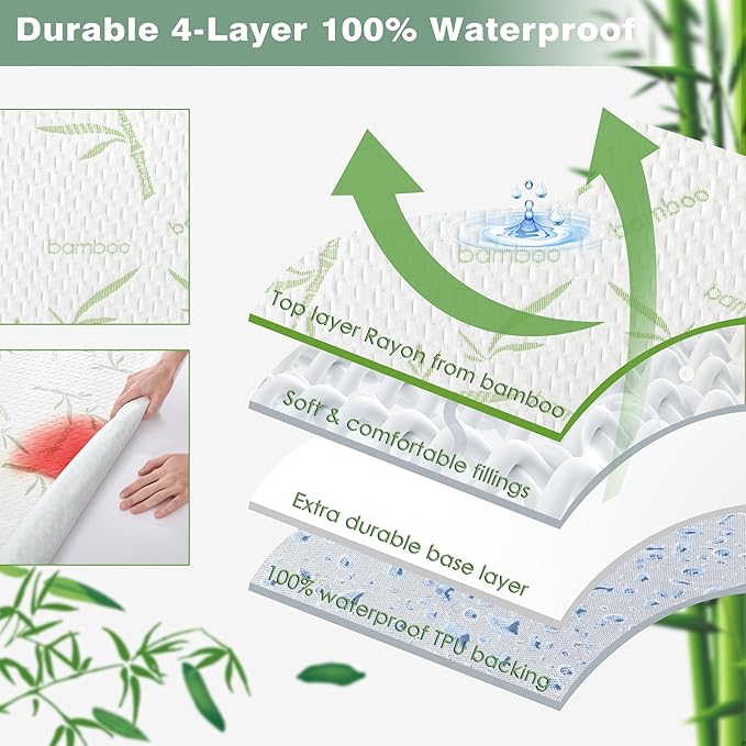 Parkdeny Full Mattress Encasement, Waterproof Cooling, Rayon from Bamboo, 3D Air Fabric, Breathable, Noiseless, Washable, Fits 5"-13" Deep Mattresses
