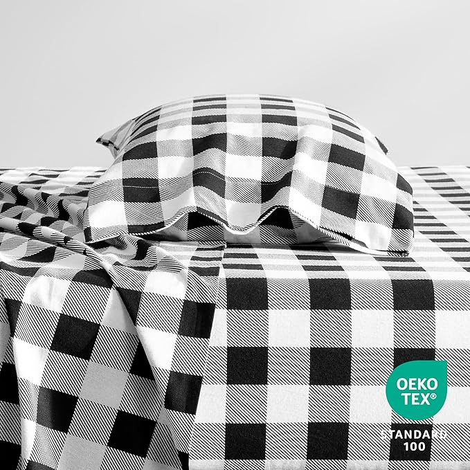 Bare Home Flannel Sheet Set Prints, 100% Cotton, Velvety Soft Heavyweight - Double Brushed Flannel for Extra Softness & Comfort - Deep Pocket - Bed Sheets (Twin, Buffalo Plaid - White/Black)