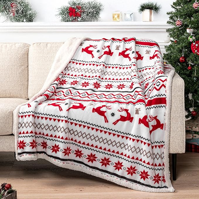 PAVILIA Red White Snowflake Reindeer Christmas Sherpa Throw Blanket, Soft Reversible Fleece Sherpa 60x80 Winter Blanket for Couch & Bed, Christmas Decor