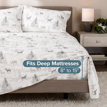 Bare Home Flannel Sheet Set Prints, 100% Cotton, Velvety Soft Heavyweight - Double Brushed Flannel for Extra Softness & Comfort - Deep Pocket - Bed Sheets (Twin, Elk)