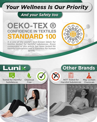 Lunix 4pcs Memory Foam Wedge Pillow Set for Back, Knee & Leg Pain Relief, Orthopedic Bed Pillow for Post Surgery, Reflux, GERD, Anti-Snoring, with Hot Cold Pack, White
