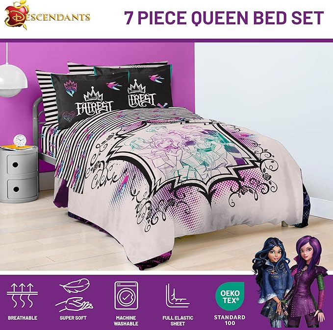 Jay Franco Kids Comforter Set Includes Sheets and Pillow Cover - Soft and Cozy Bed Set for Stylish Room Décor, Multi - Descendants, 7 Piece Queen