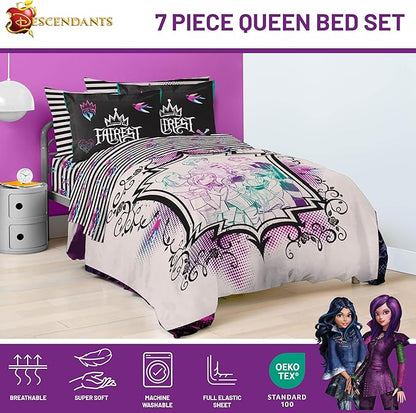 Jay Franco Kids Comforter Set Includes Sheets and Pillow Cover - Soft and Cozy Bed Set for Stylish Room Décor, Multi - Descendants, 7 Piece Queen