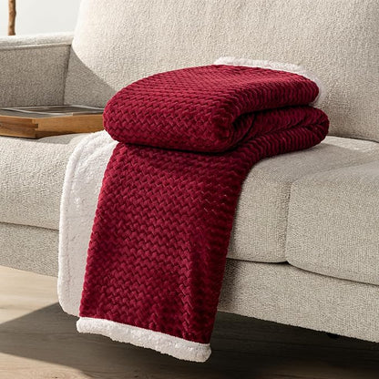 PAVILIA Maroon Red Twin Bed Blanket Reversible Sherpa Chevron, Soft Cozy Jacquard Weave Textured Throw Sofa Couch, Thick Warm Large Fleece Car Blanket, Decorative Plush Home Decor, 60x80 Burgundy Wine
