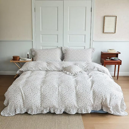 BuLuTu Muslin Cotton Duvet Cover Set Queen, Shabby Chic Blue Floral Bedding Comforter Cover with Ruffles, Soft Breathable Quilt Cover Teens Young Adults Bed Set, Machine Wash