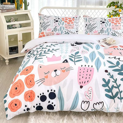 CVHOUSE Cat Duvet Cover Set, Cartoon Cat Comforter, King Size, 3 Piece Set (1 Quilt Cover, 2 Pillowcases)
