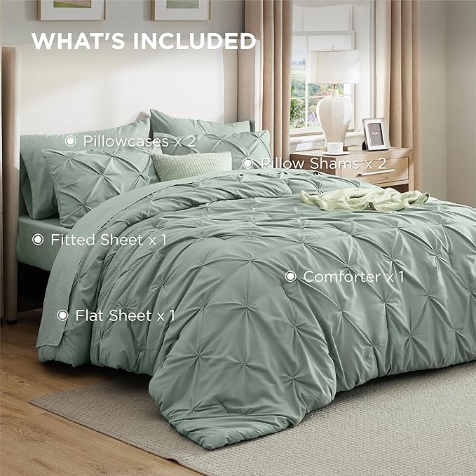 Bedsure Full Size Comforter Sets - Bedding Sets Full 7 Pieces, Pintuck Bed in a Bag Sage Green Bed Set with Comforter, Sheets, Pillowcases & Shams